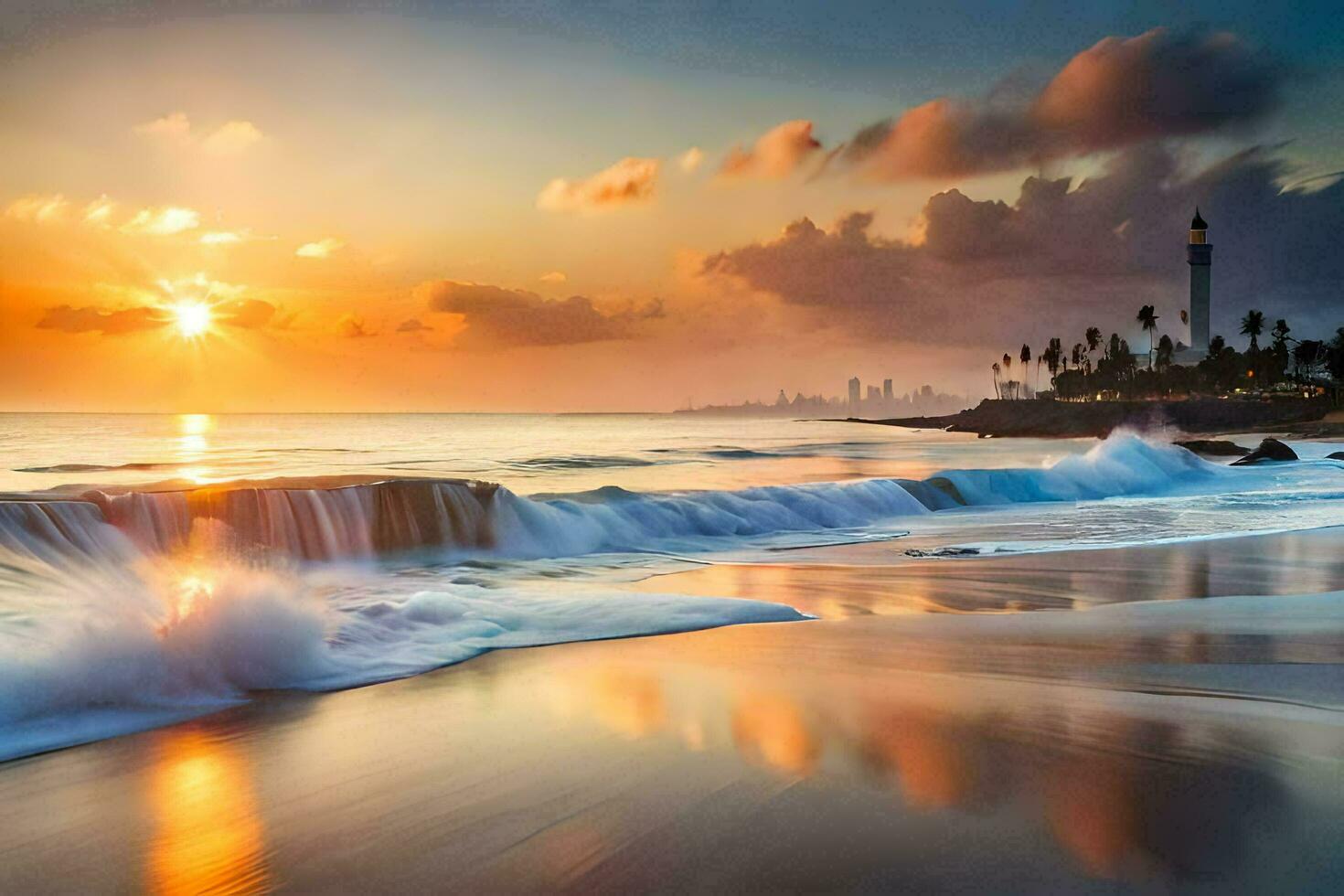 Sonnenuntergang Über das Ozean mit Wellen abstürzen in das Ufer. KI-generiert foto