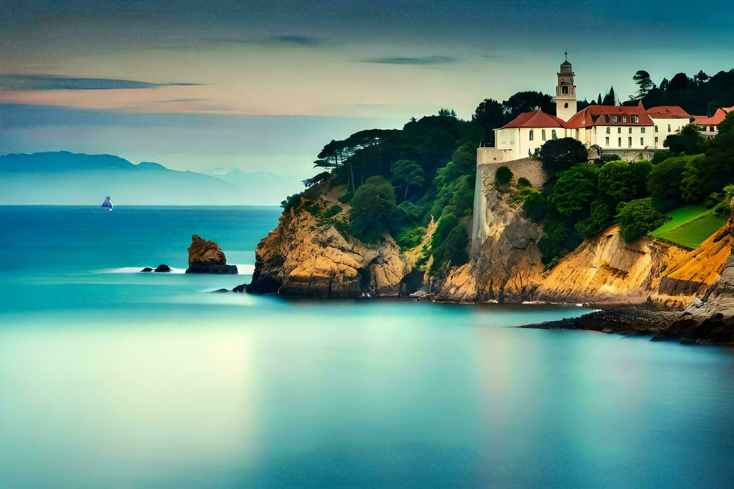 ein schön Schloss sitzt auf oben von ein Cliff mit Blick auf das Ozean. KI-generiert foto