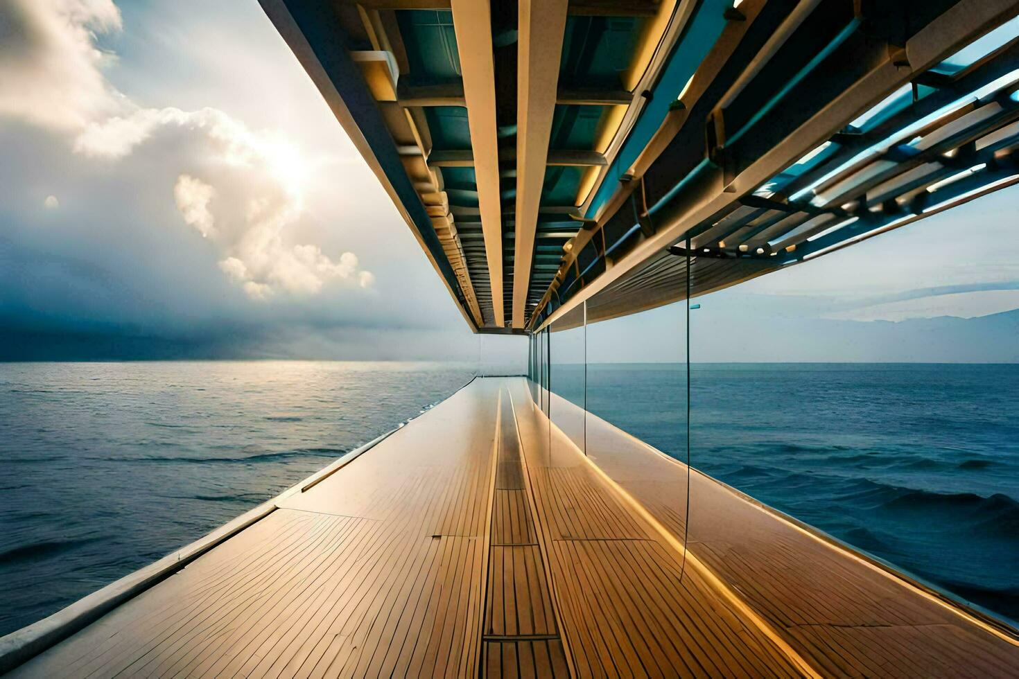 das Deck von ein Boot mit ein Aussicht von das Ozean. KI-generiert foto