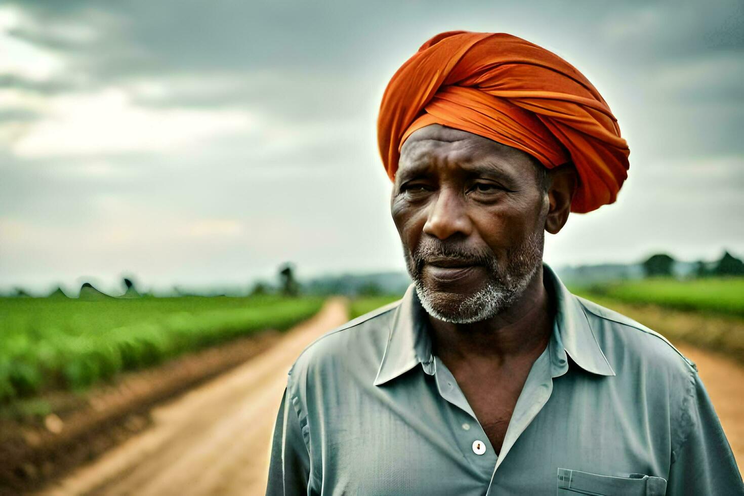 ein Mann tragen ein Orange Turban steht im ein Schmutz Straße. KI-generiert foto