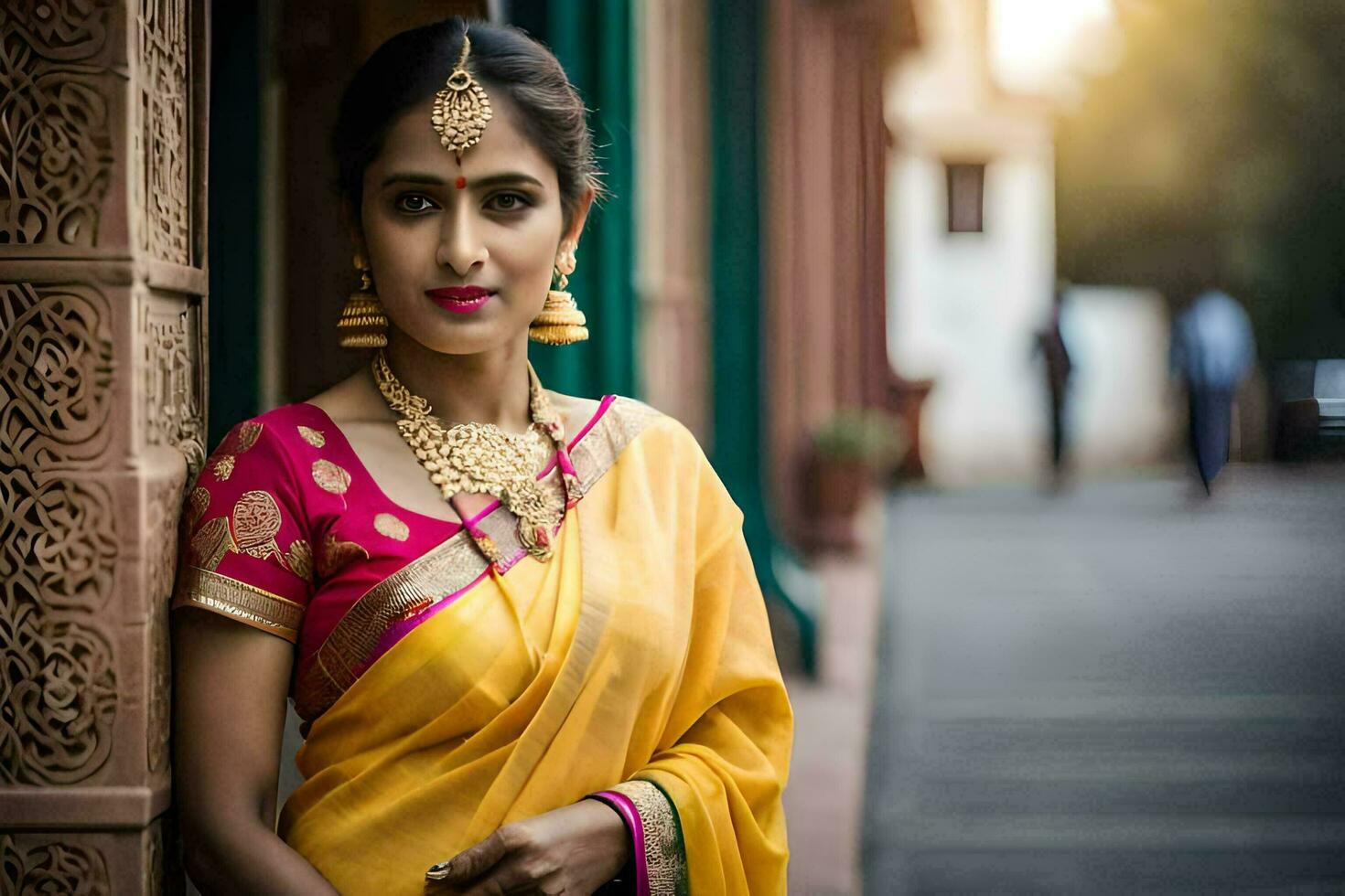 ein schön Frau im ein Gelb Sari und Gold Schmuck. KI-generiert foto