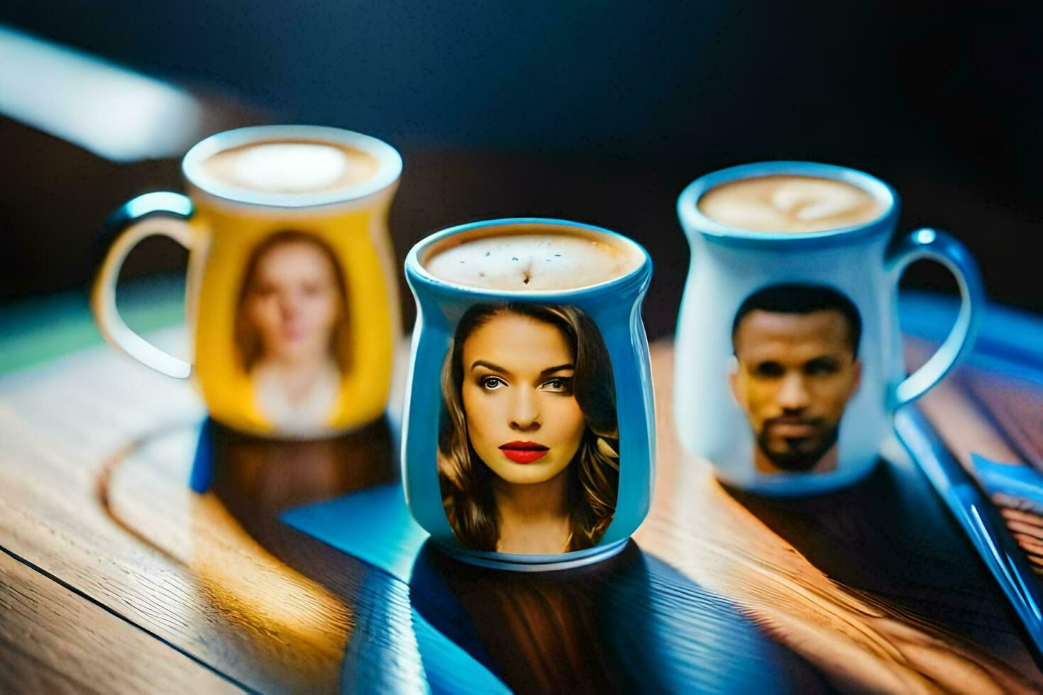 Kaffee Tassen mit Bilder von Menschen auf ihnen. KI-generiert foto