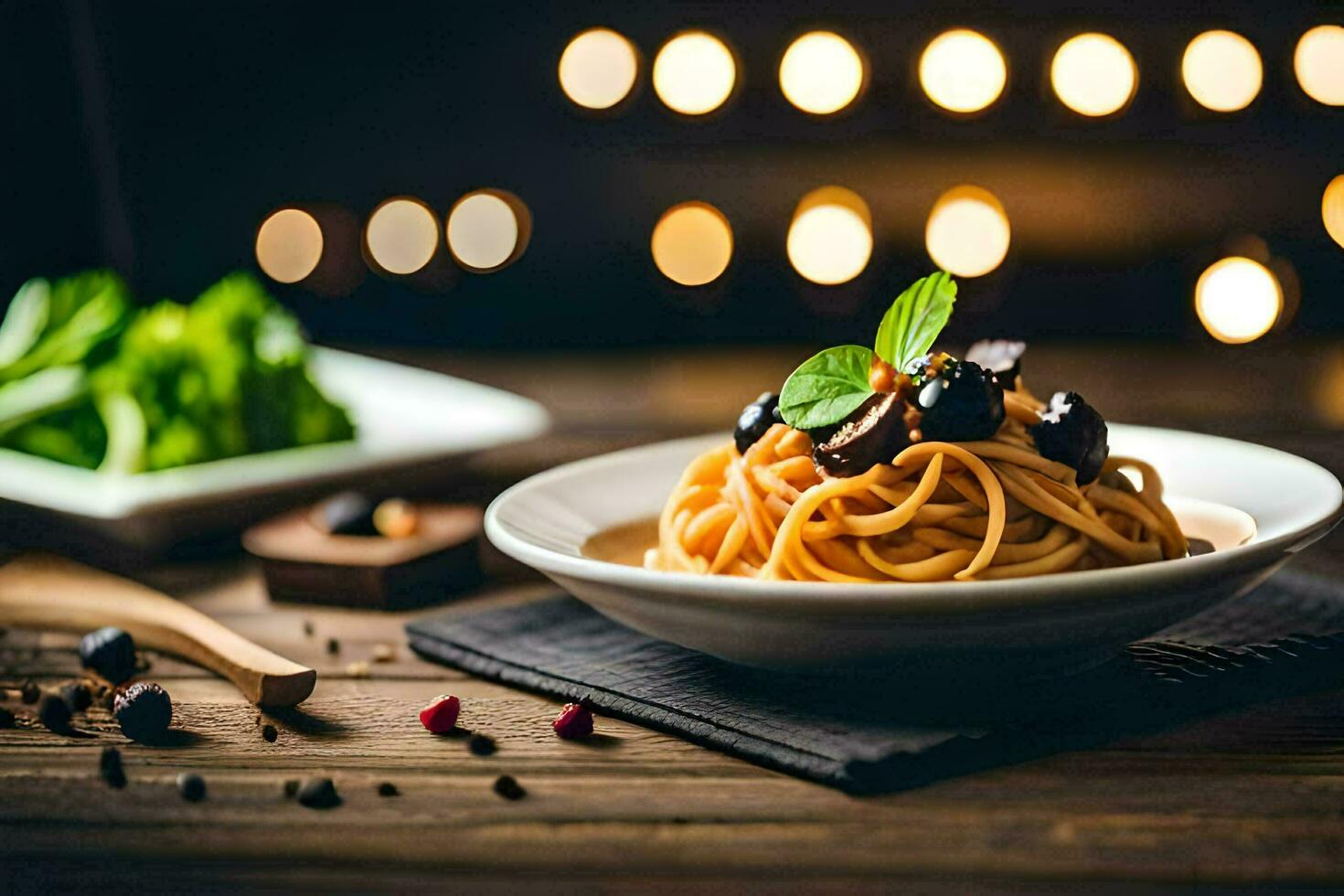 Spaghetti mit schwarz Oliven und Pilze im ein Weiß Schüssel auf ein hölzern Tisch. KI-generiert foto