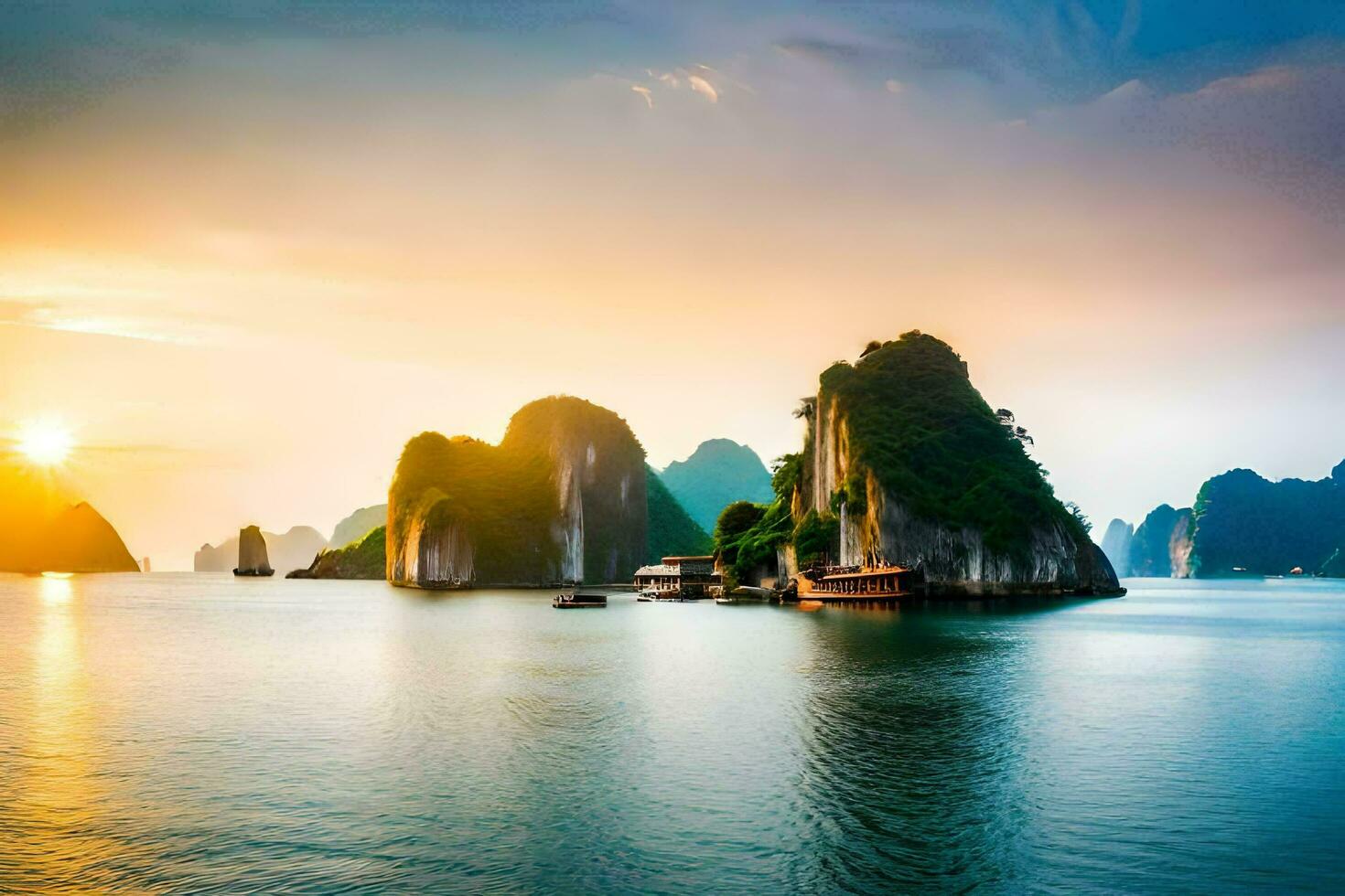 das Sonne setzt Über das Wasser im Halong Bucht, Vietnam. KI-generiert foto