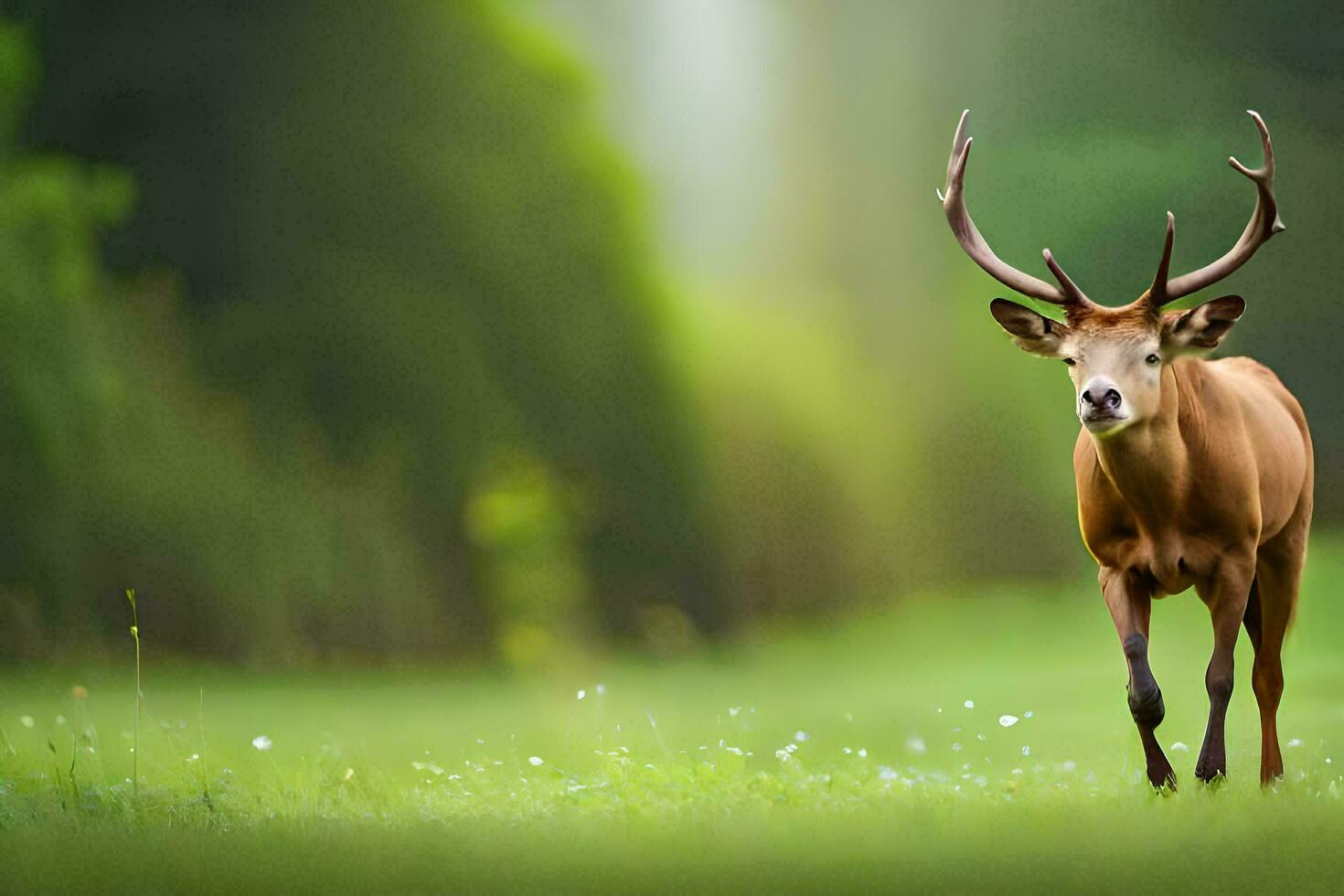 ein Hirsch mit groß Hörner Gehen durch ein Grün Feld. KI-generiert foto