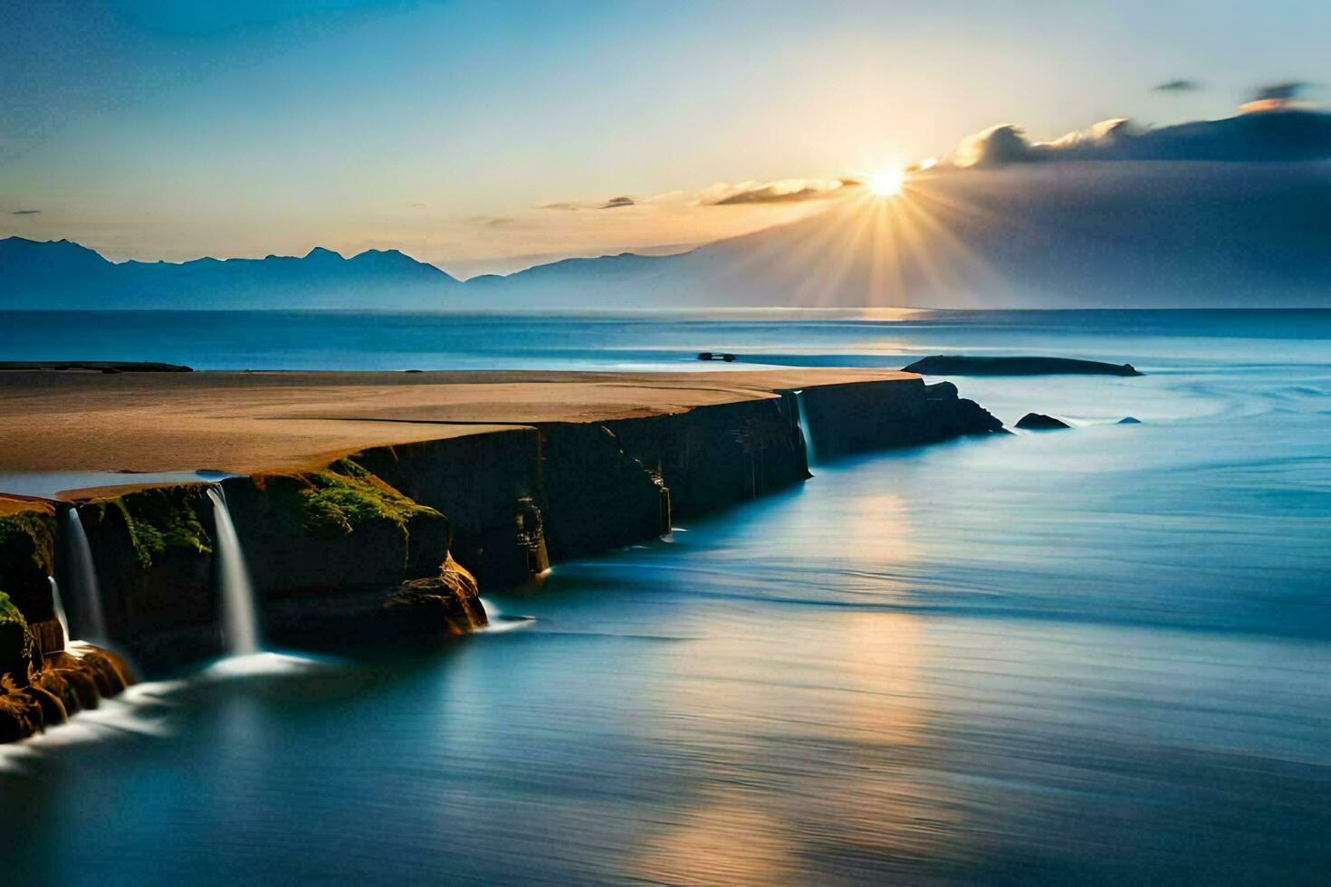 ein schön Sonnenuntergang Über das Ozean mit Wasserfälle. KI-generiert foto