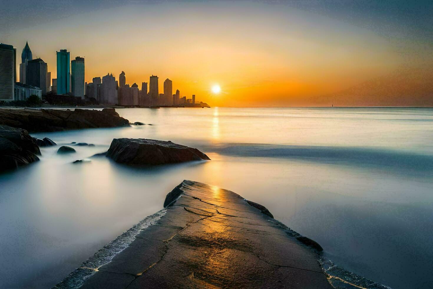 das Sonne setzt Über das Stadt Horizont im Dubai. KI-generiert foto