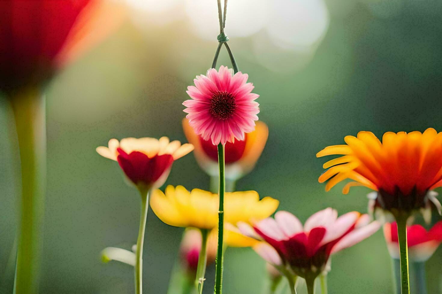 bunt Blumen sind im ein Garten mit Sonnenlicht. KI-generiert foto