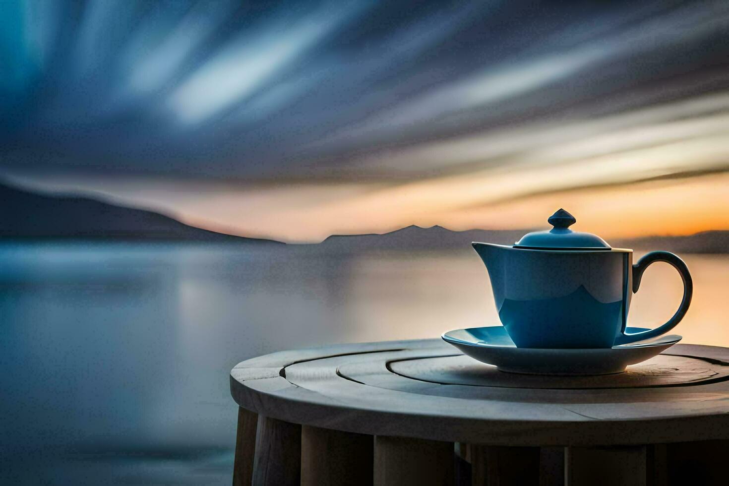 ein Blau Teekanne sitzt auf ein hölzern Tabelle mit Blick auf das Ozean. KI-generiert foto