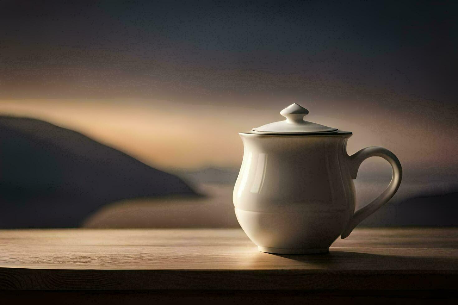 ein Weiß Teekanne sitzt auf ein hölzern Tabelle im Vorderseite von ein See. KI-generiert foto