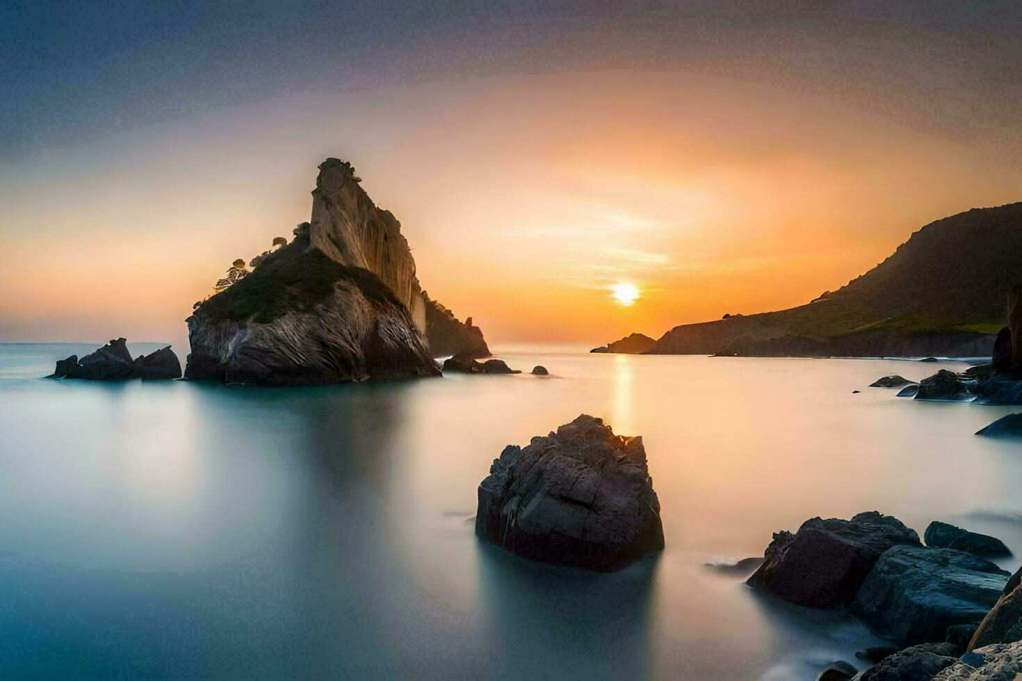 das Sonne setzt Über ein felsig Strand mit Felsen. KI-generiert foto