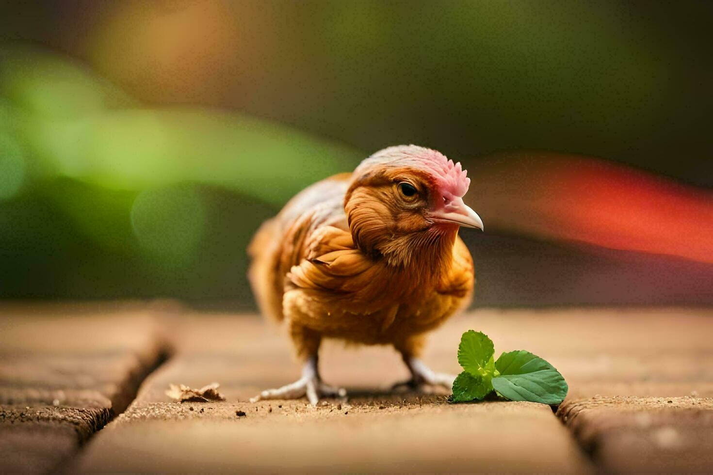 ein klein Hähnchen Stehen auf ein hölzern Boden. KI-generiert foto