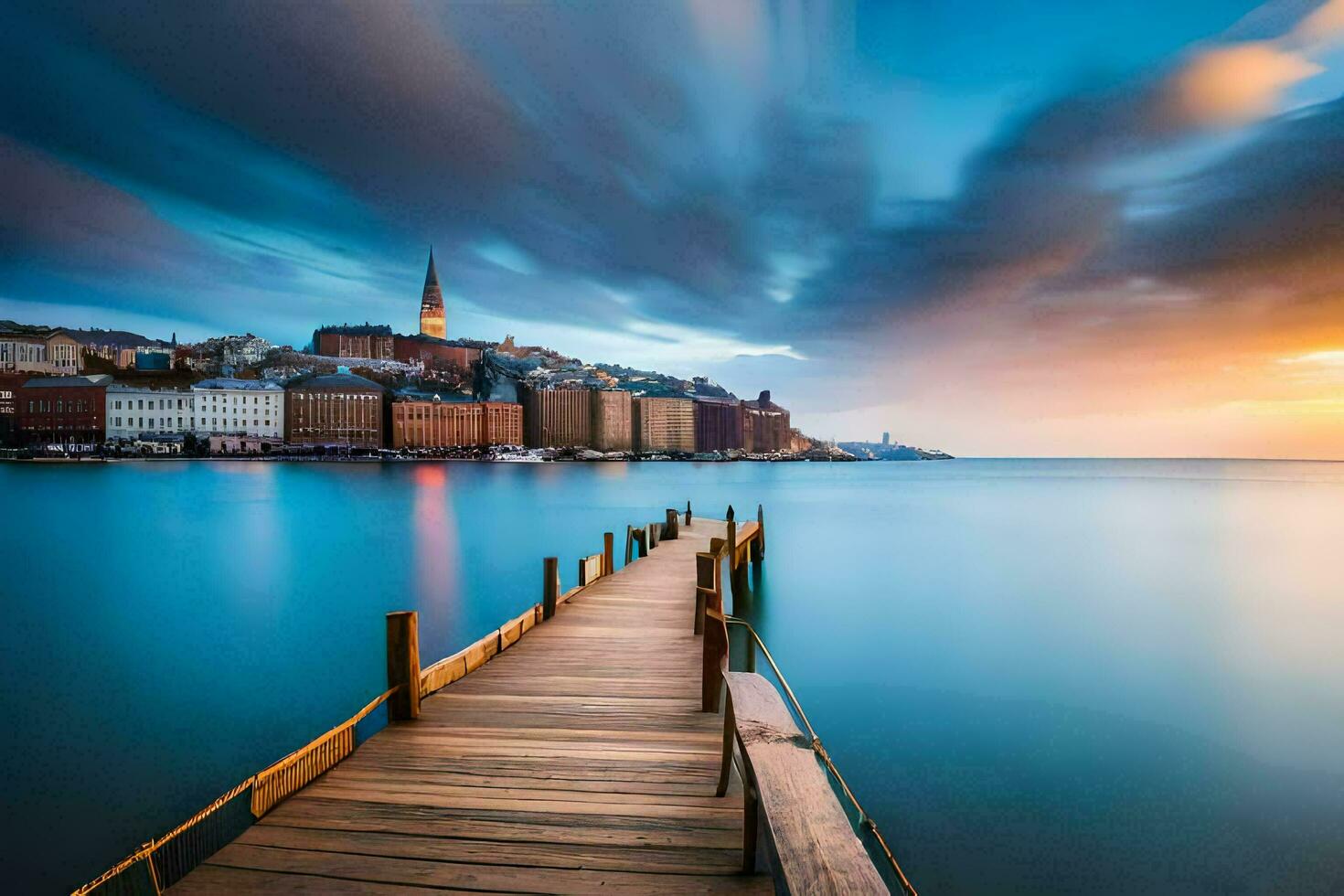 ein Seebrücke im das Mitte von das Ozean beim Sonnenuntergang. KI-generiert foto