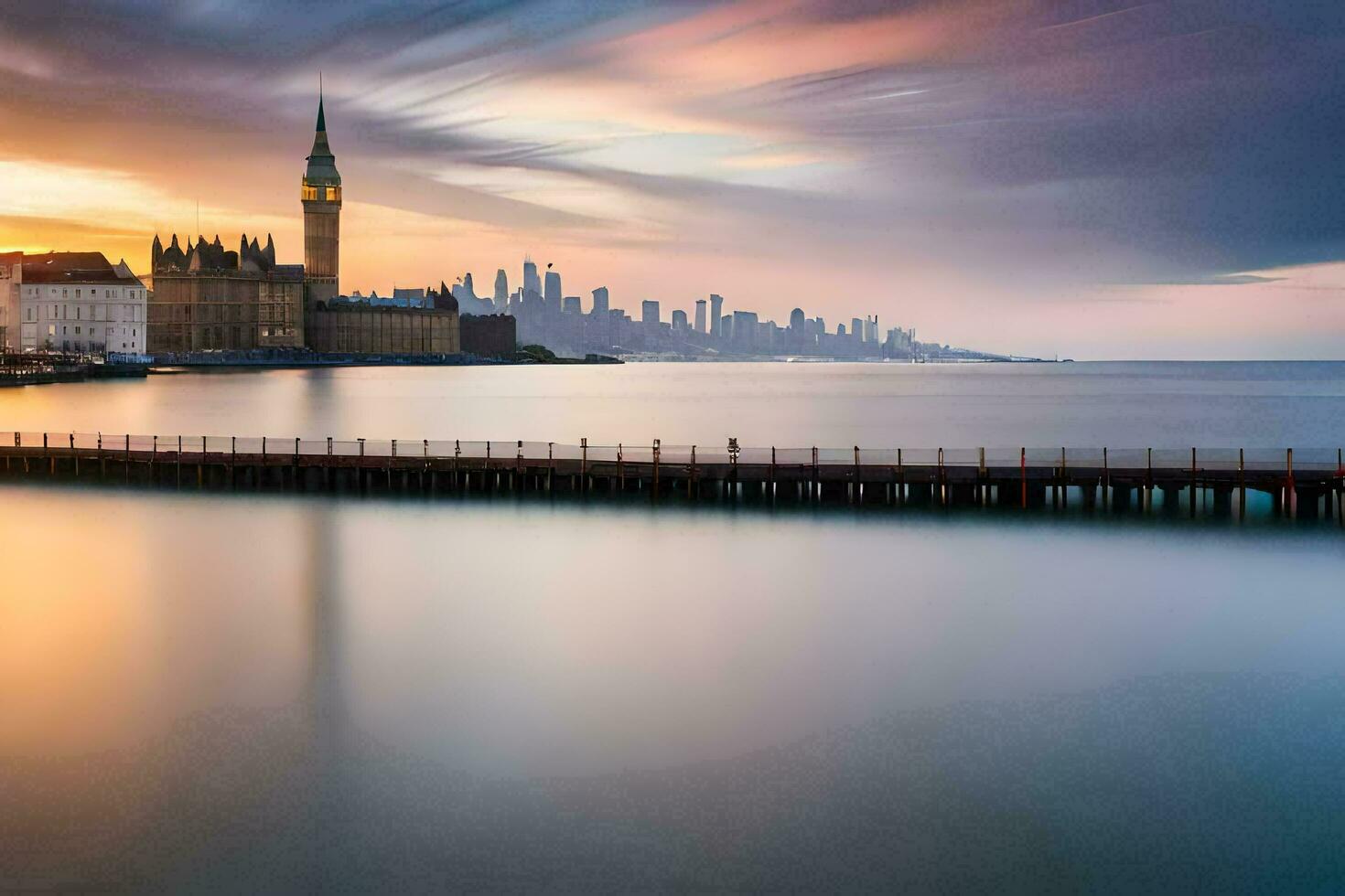 ein lange Exposition fotografieren von ein Stadt Horizont beim Sonnenuntergang. KI-generiert foto