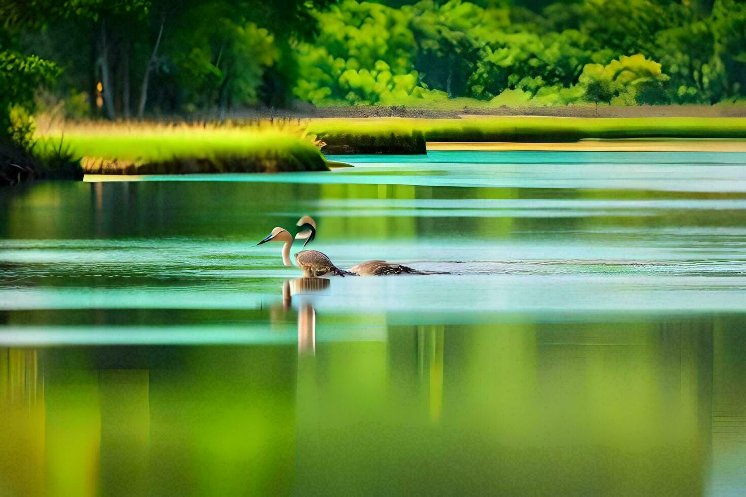 zwei Vögel Schwimmen im das Wasser in der Nähe von ein Grün Wald. KI-generiert foto