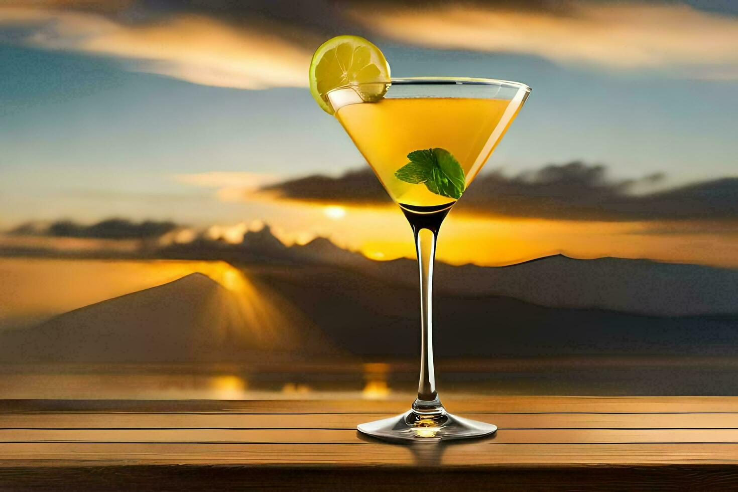 Cocktail auf das Tabelle mit Sonnenuntergang im das Hintergrund. KI-generiert foto