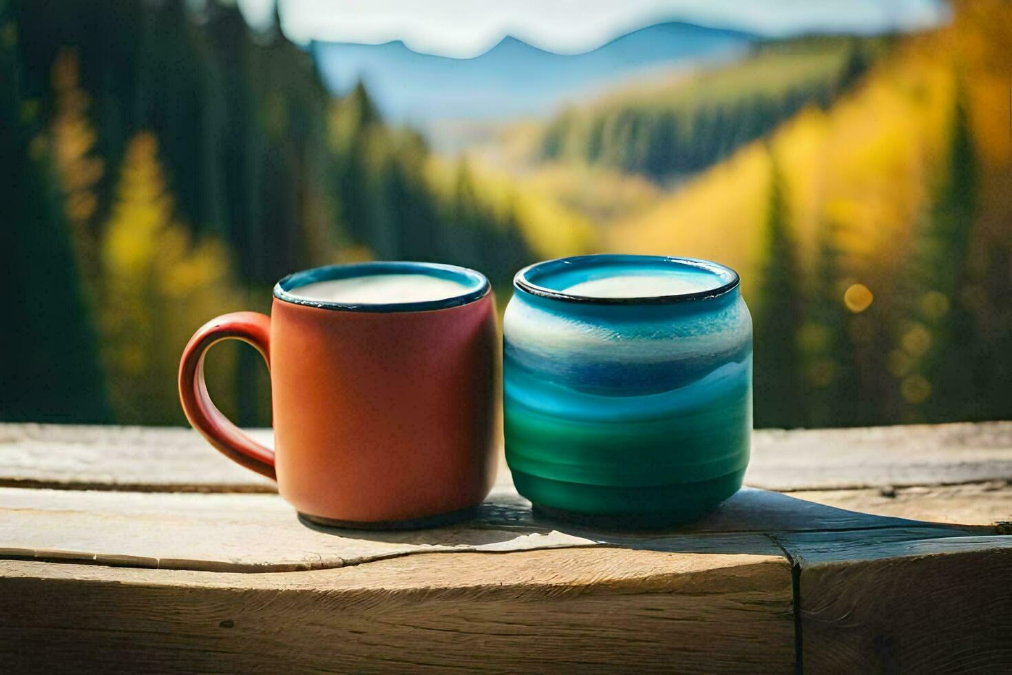 zwei Tassen von Kaffee auf ein hölzern Tisch. KI-generiert foto