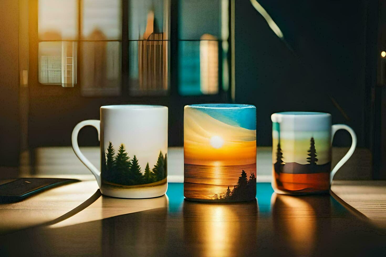 drei Kaffee Tassen mit ein Sonnenuntergang auf ihnen. KI-generiert foto