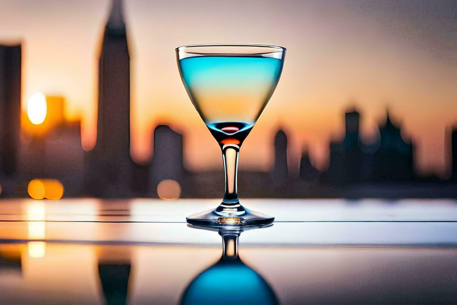 ein Glas von Blau Flüssigkeit mit ein Stadt Horizont im das Hintergrund. KI-generiert foto