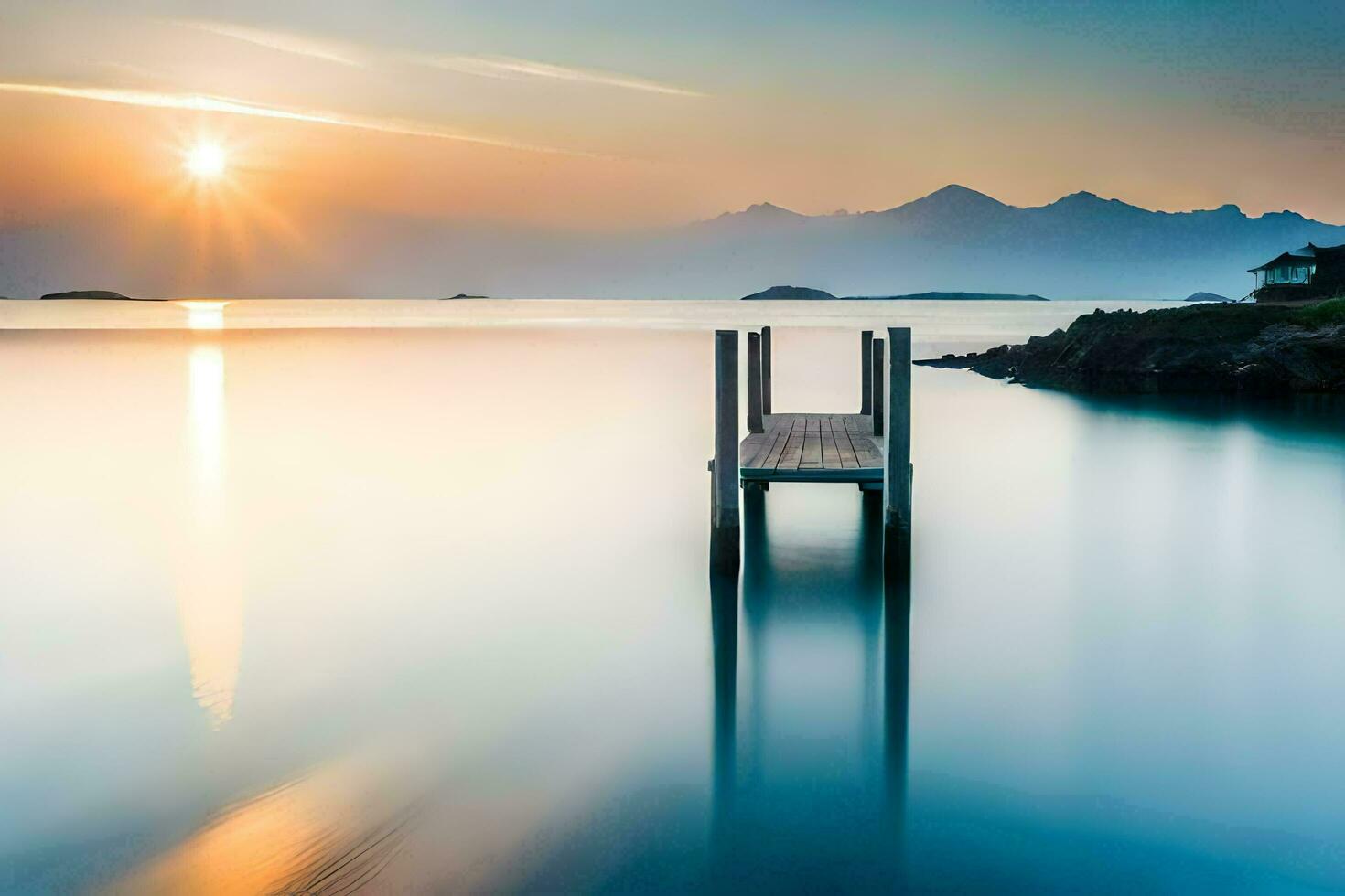 ein Seebrücke im das Wasser mit das Sonne Rahmen hinter Es. KI-generiert foto