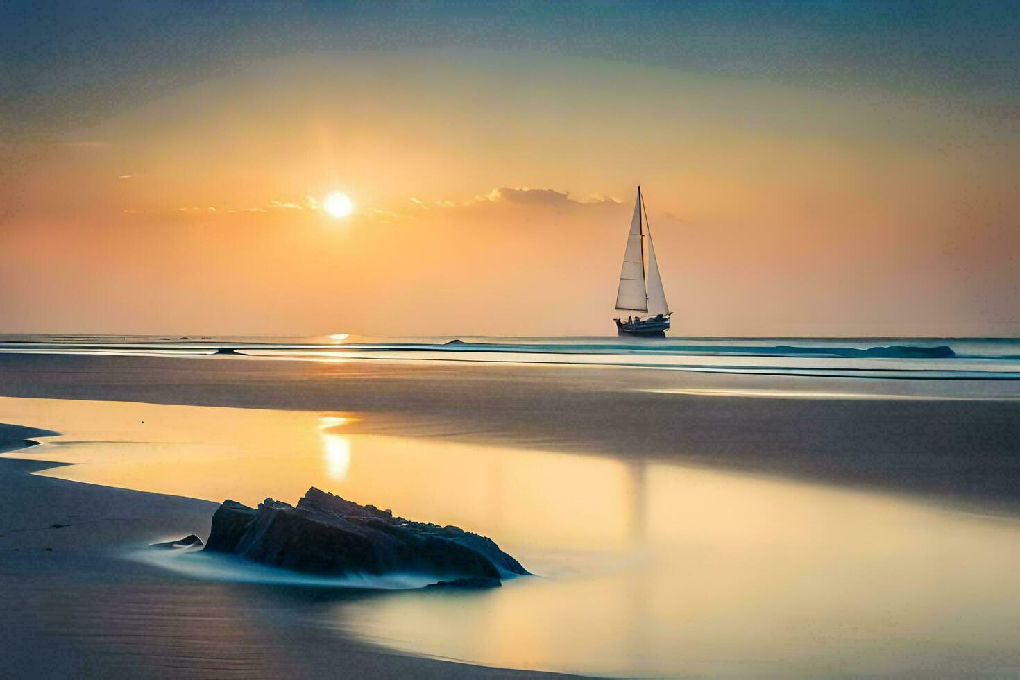 ein Segelboot ist Segeln auf das Strand beim Sonnenuntergang. KI-generiert foto