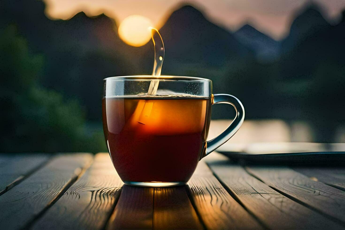 ein Tasse von Tee auf ein Tabelle mit das Sonne Rahmen hinter Es. KI-generiert foto