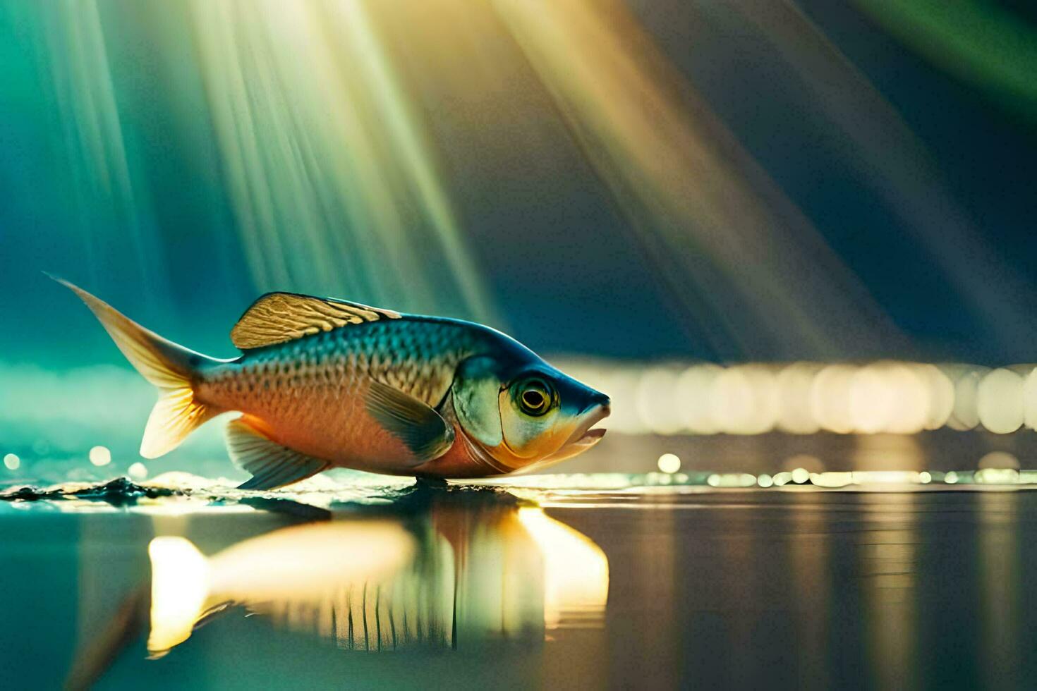ein Fisch ist Stehen auf das Wasser mit Sonnenlicht leuchtenden. KI-generiert foto