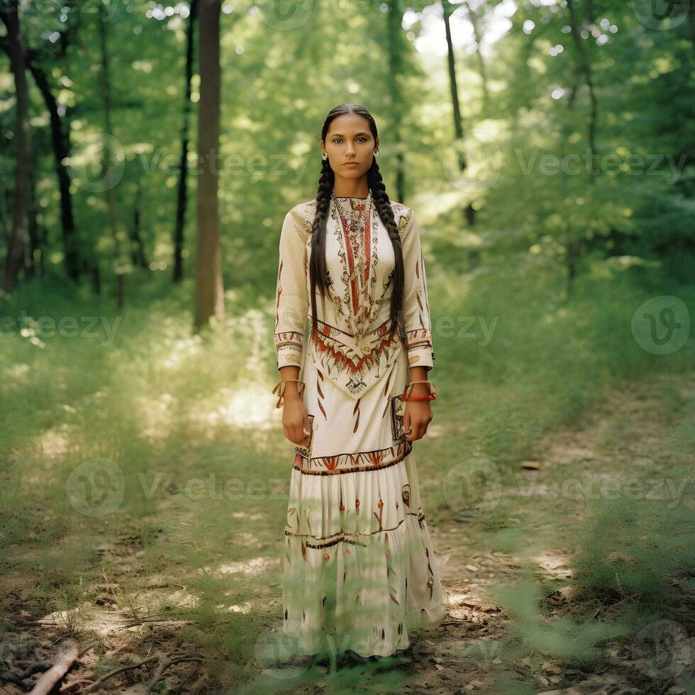 KI-generiert Porträt von Norden amerikanisch einheimisch Frau im traditionell Kleidung foto