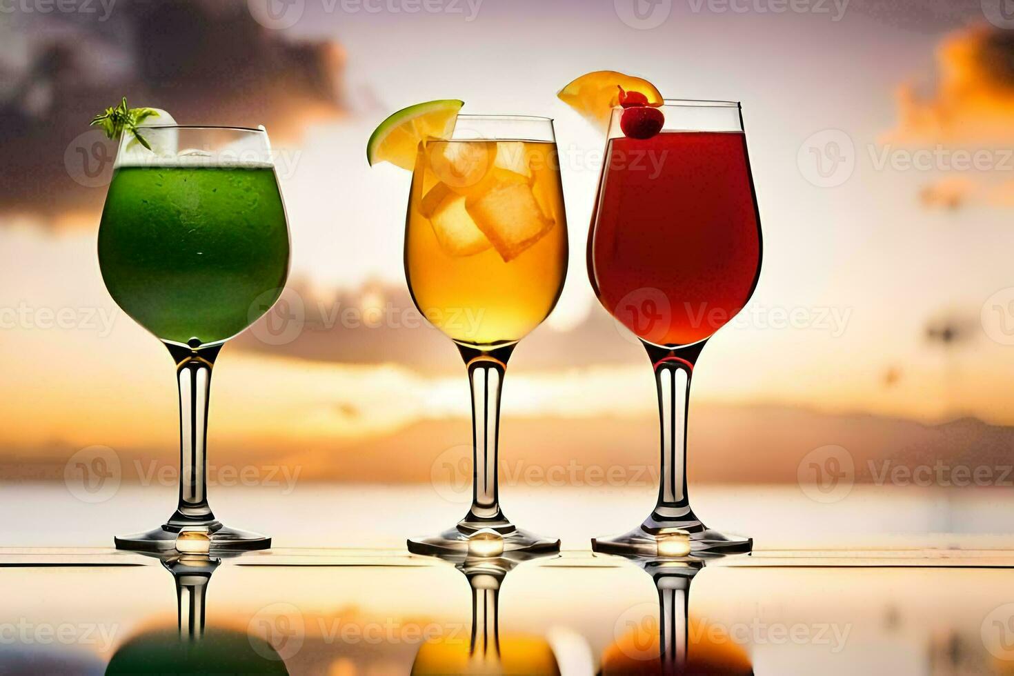 drei anders Getränke im Brille auf ein Tabelle mit Sonnenuntergang im das Hintergrund. KI-generiert foto