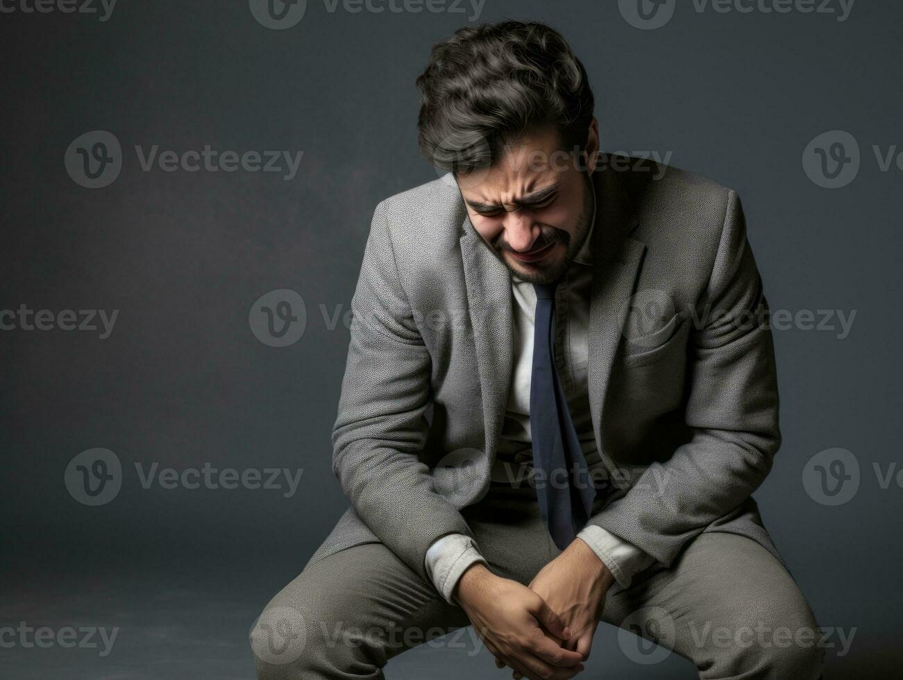 Mann erscheint zu Sein im Schmerzen auf grau Hintergrund ai generativ foto