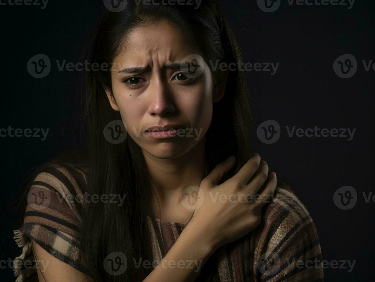 Mexikaner Frau erscheint zu Sein im Schmerzen auf grau Hintergrund ai generativ foto