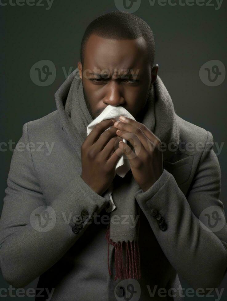 afrikanisch Mann ist gezeigt Leiden von kalt mit flüssig Nase auf grau Hintergrund ai generativ foto