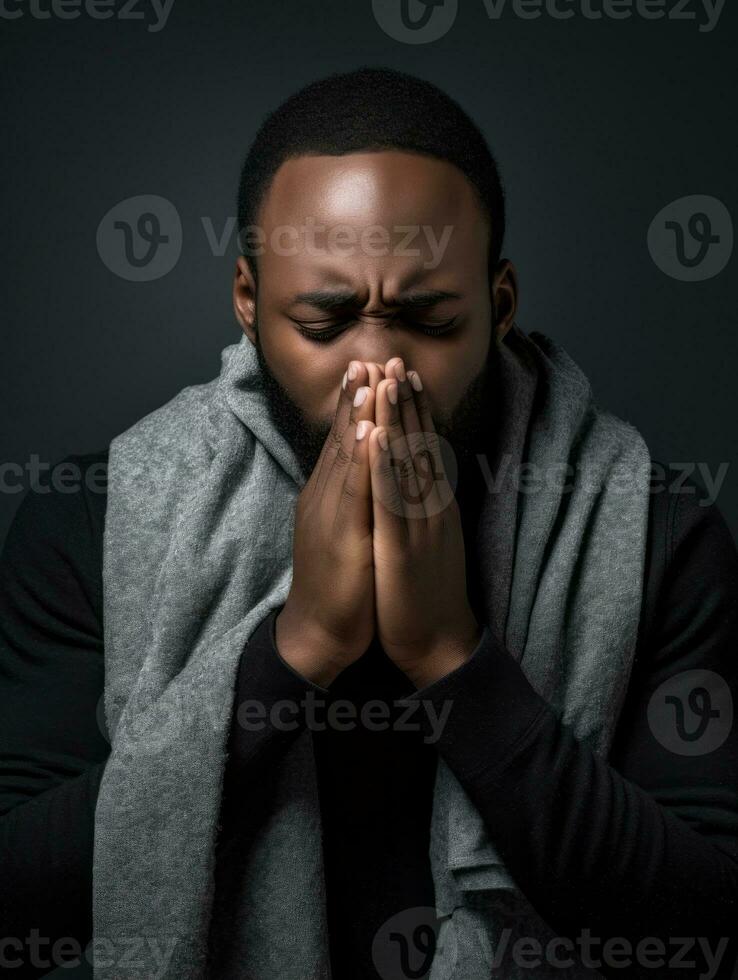 afrikanisch Mann ist gezeigt Leiden von kalt mit flüssig Nase auf grau Hintergrund ai generativ foto
