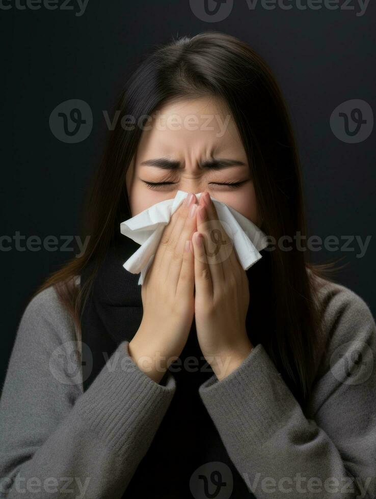 asiatisch Frau ist gezeigt Leiden von kalt mit flüssig Nase auf grau Hintergrund ai generativ foto