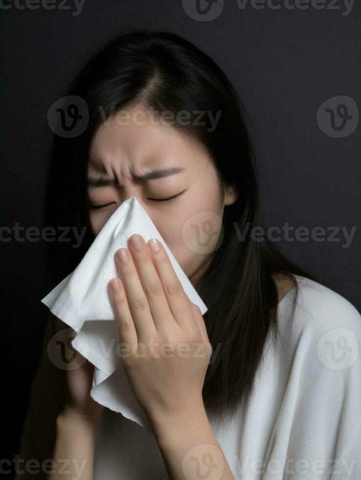 asiatisch Frau ist gezeigt Leiden von kalt mit flüssig Nase auf grau Hintergrund ai generativ foto