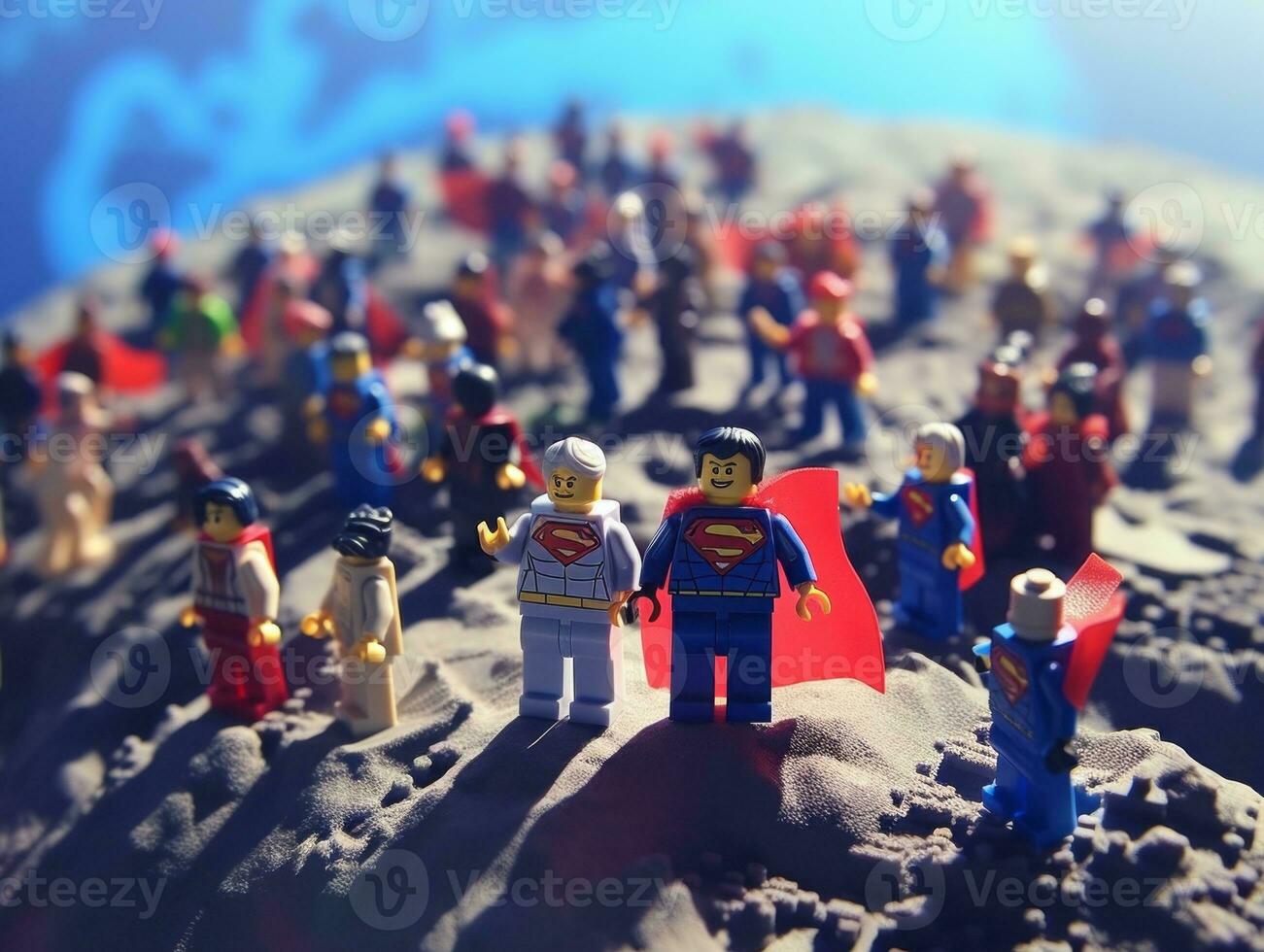 Lego Helden Teamarbeit oben zu speichern das Welt ai generativ foto