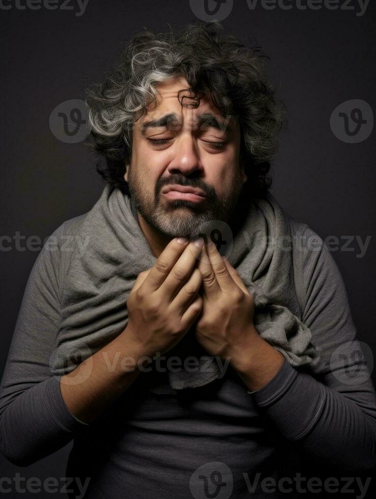 Mexikaner Mann ist gezeigt Leiden von kalt mit flüssig Nase auf grau Hintergrund ai generativ foto
