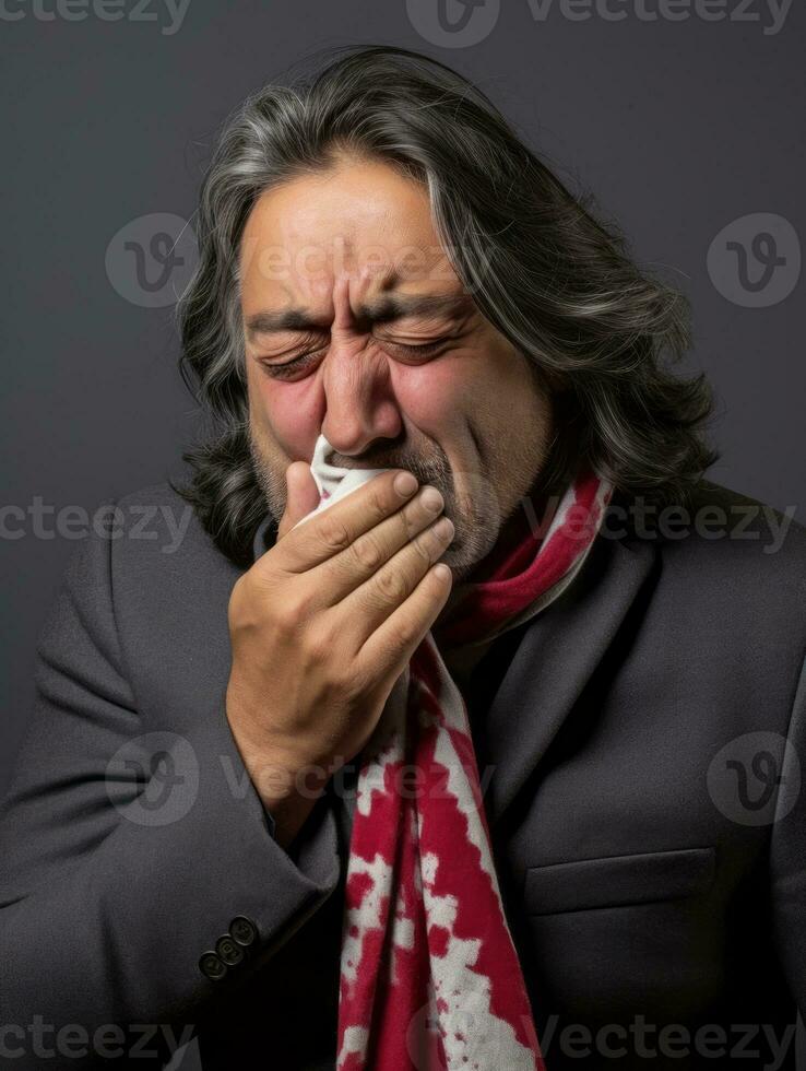 Mexikaner Mann ist gezeigt Leiden von kalt mit flüssig Nase auf grau Hintergrund ai generativ foto