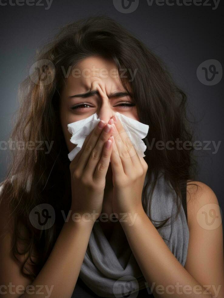 Mexikaner Frau ist gezeigt Leiden von kalt mit flüssig Nase auf grau Hintergrund ai generativ foto