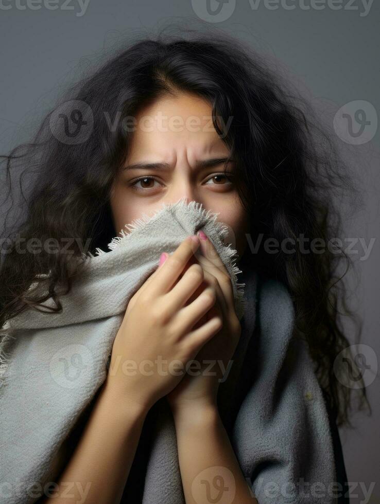 Mexikaner Frau ist gezeigt Leiden von kalt mit flüssig Nase auf grau Hintergrund ai generativ foto