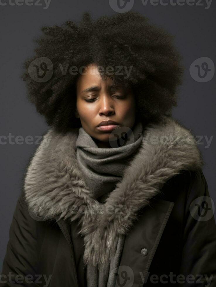 afrikanisch Frau ist gezeigt Leiden von kalt mit flüssig Nase auf grau Hintergrund ai generativ foto