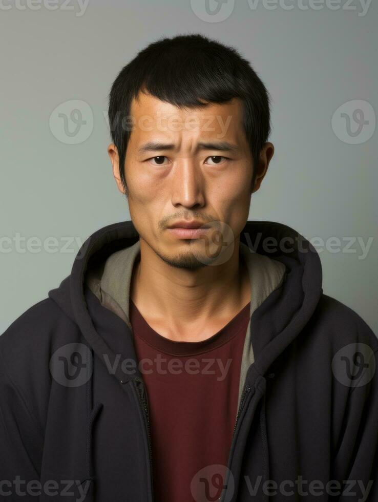 asiatisch Mann ist traurig auf ein minimalistisch neutral Hintergrund ai generativ foto
