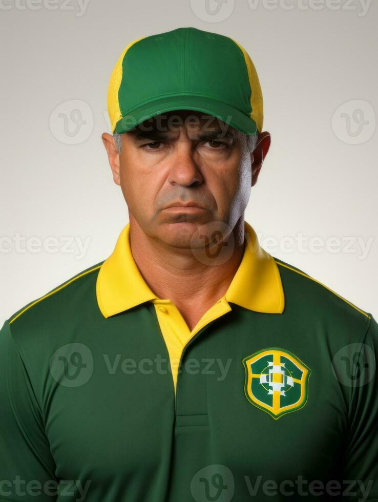 Brasilianer Mann ist traurig auf ein minimalistisch neutral Hintergrund ai generativ foto