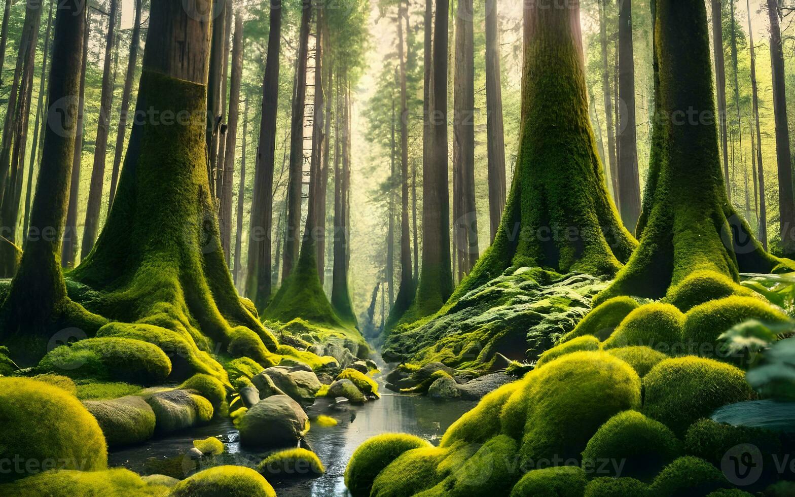 Erfassen zeitlos Verzauberung, ein andächtig Blick in das uralt Schönheit von ein moosbedeckt Wald. ai generiert foto