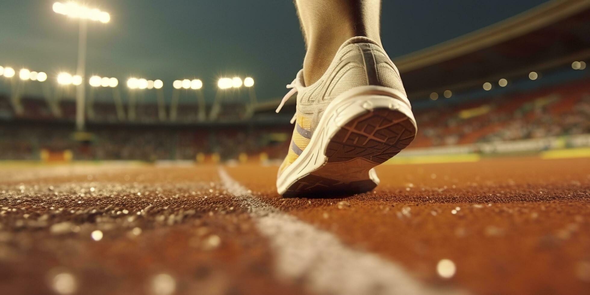 Läufer Füße Laufen auf ein Stadion, Nahansicht auf Füße, Sport Hintergrund, Raum zum Kopieren, ai generativ foto