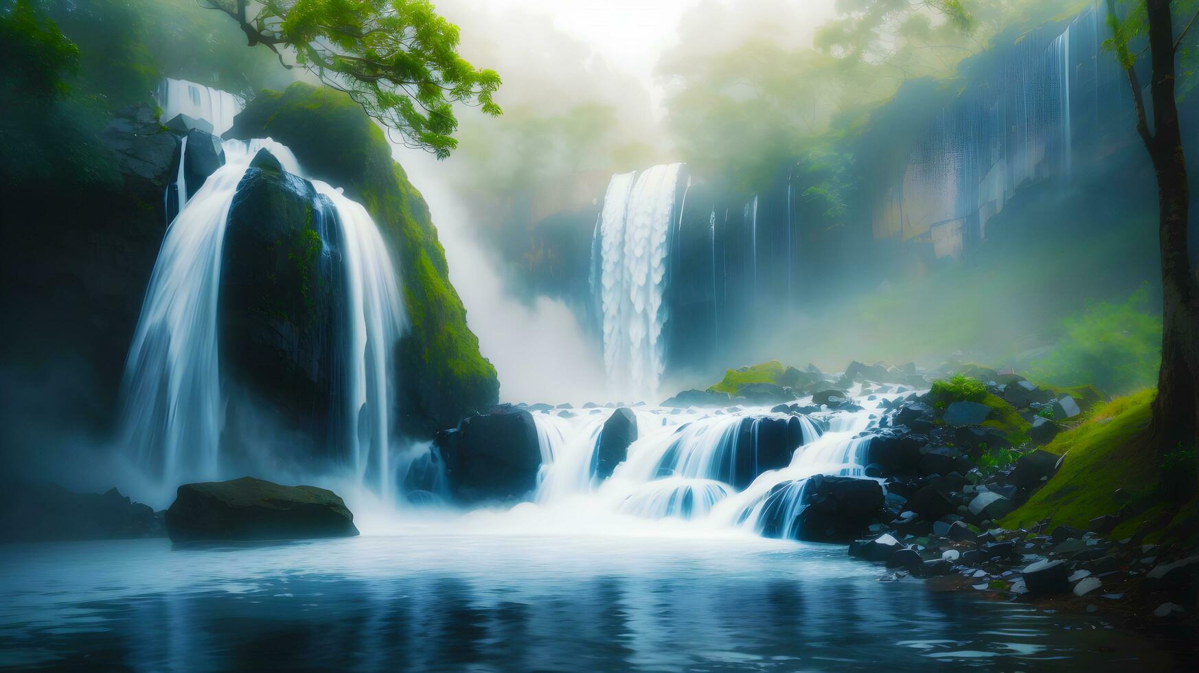ein fesselnd Blick in das mystisch Schönheit von ein Kaskadierung Wasserfall verhüllt im zauberhaft Nebel. ai generiert foto