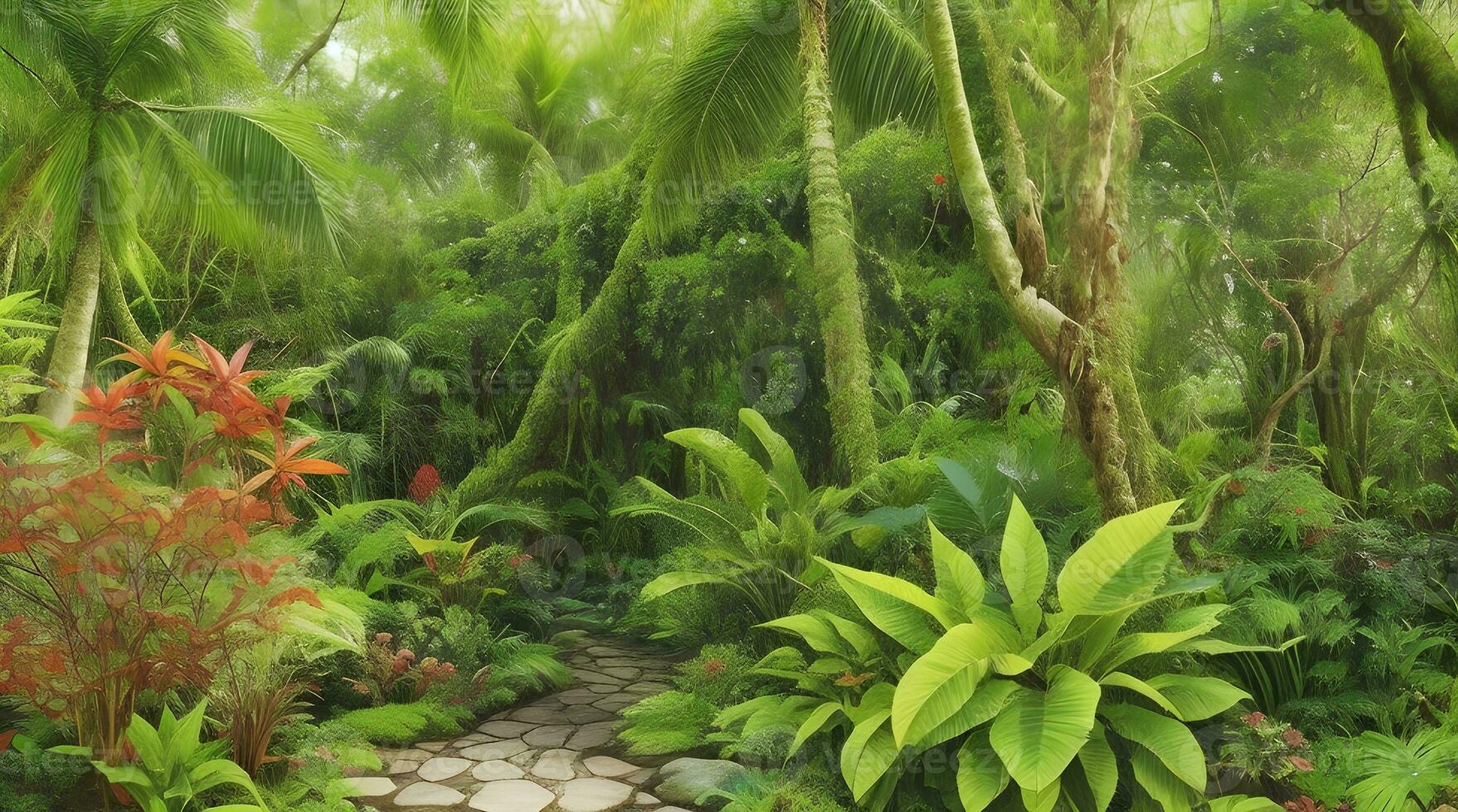 ein üppig und beschwingt tropisch Regenwald wimmelt es mit überschwänglich Pflanze Leben. ai generiert foto