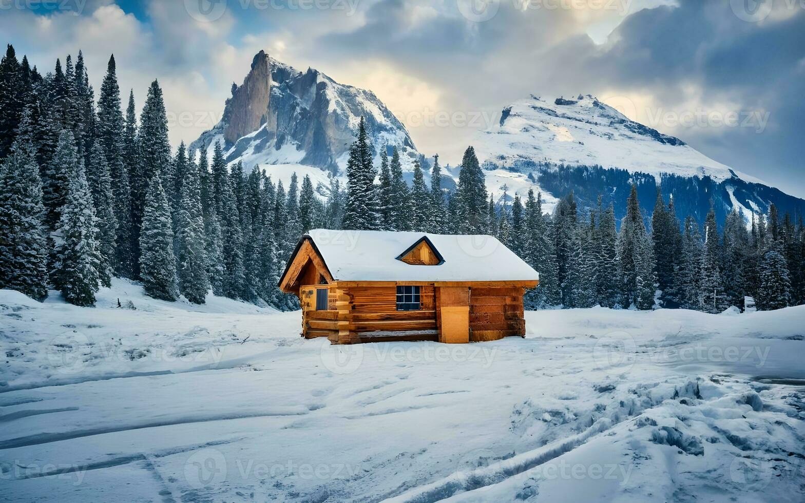 zauberhaft Winter Rückzug, ein still hölzern Kabine eingebettet im ein schneebedeckt Wald Wunderland. ai generiert foto