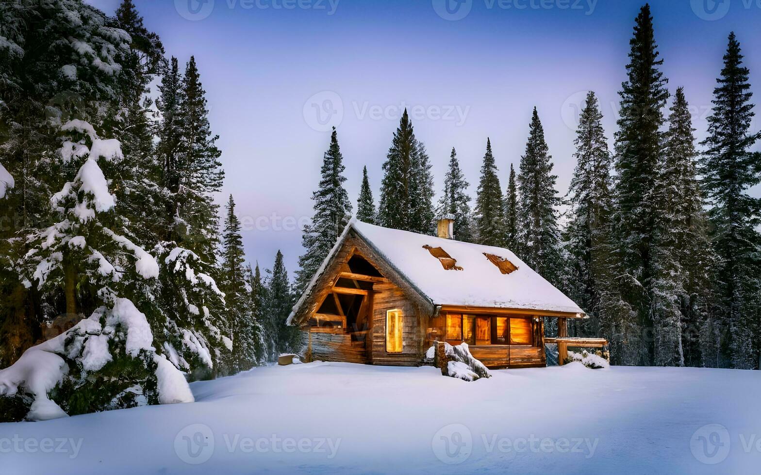 zauberhaft Winter Rückzug, ein still hölzern Kabine eingebettet im ein schneebedeckt Wald Wunderland. ai generiert foto