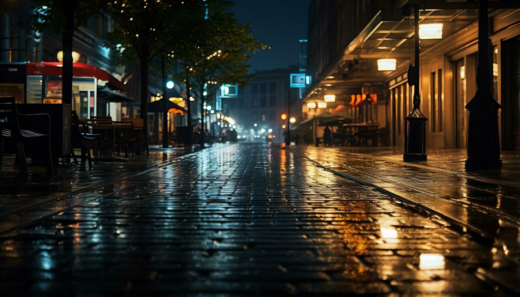 Bürgersteig beim Nacht nach Regen mit nass Straßen ai generativ foto